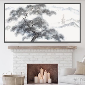 Vecchio pino in montagna e tempio della pagoda — grande sumi-e originale su carta di riso, paesaggio in stile giapponese, dipinto d'arte Zen