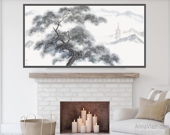 Japanese Landscape Painting: Pine Tree, Pagoda, Sumi-e Art