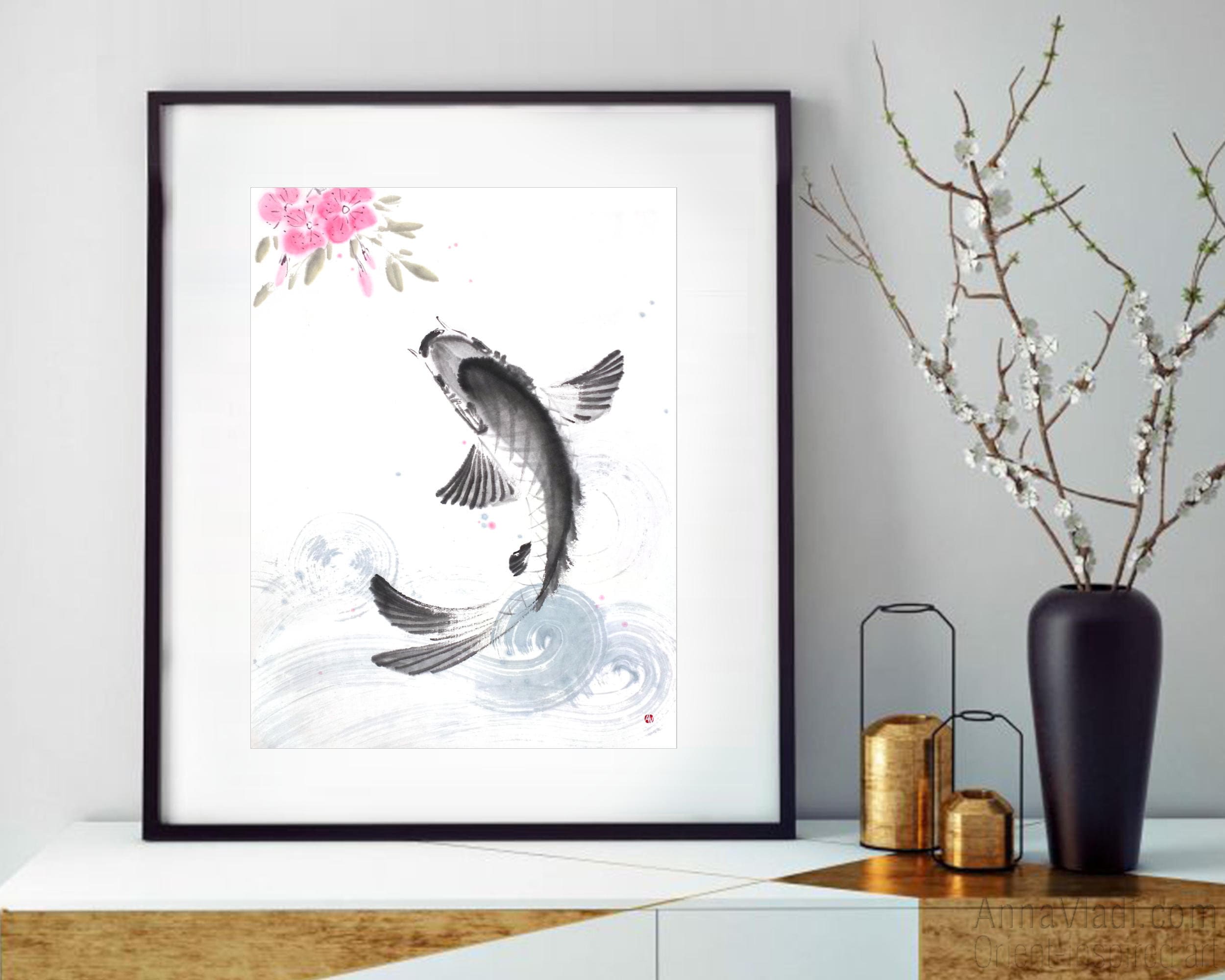 鯉と桜 — 和紙に中国の墨で描かれた鯉と桜のオリジナル墨絵