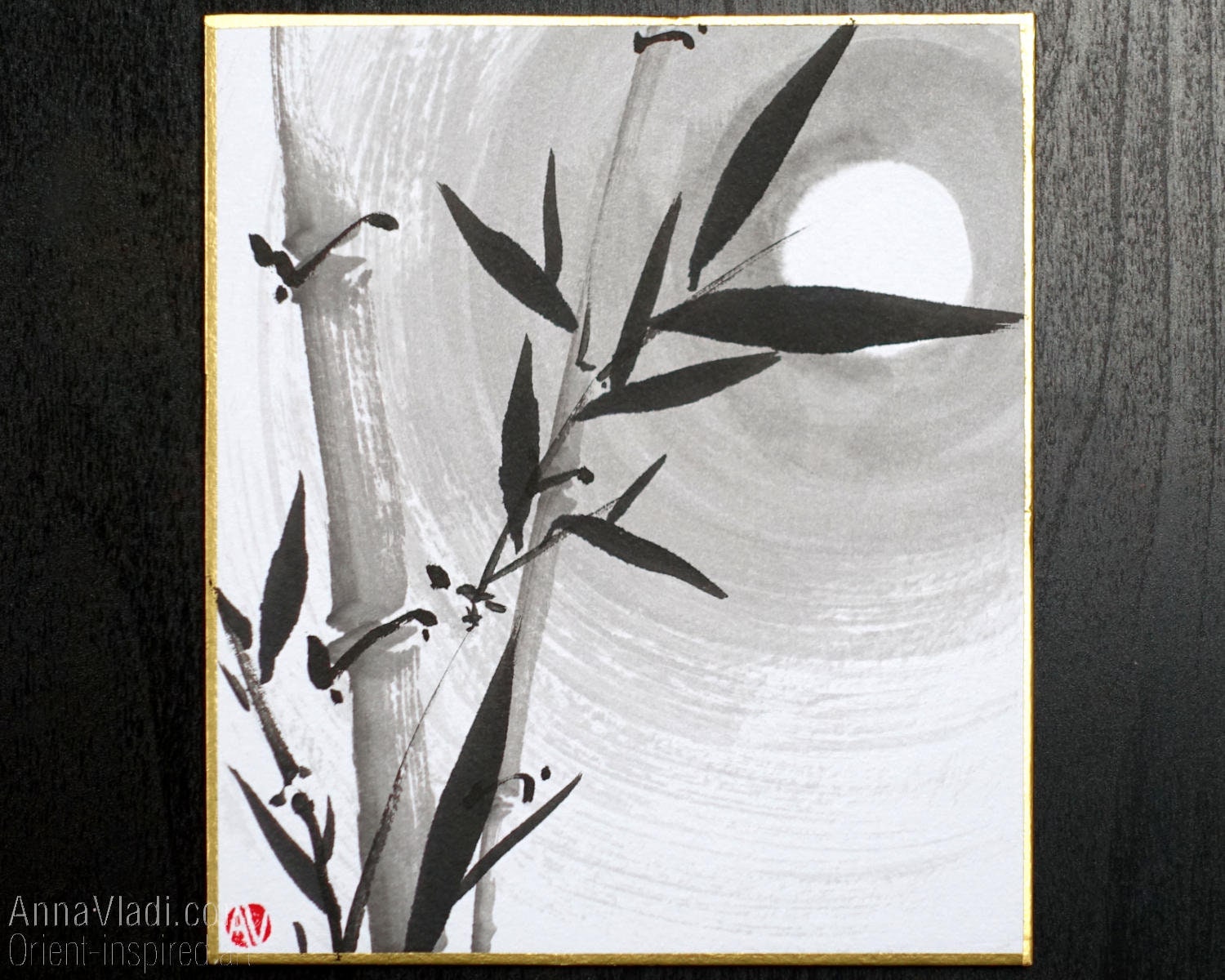Sumi-e Bamboo and the Full Moon — Original Ink Painting on Sumi-e Bamboo and the Full Moon — Original Ink Painting on