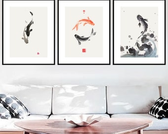 Koi Sumi-e — lot de 3 grandes affiches imprimées de mes peintures originales de poissons koi, impression de carpes japonaises, cadeau oriental, art zen, art feng shui