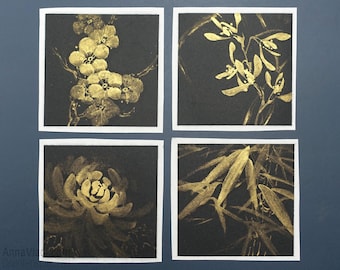 The Four Noble Plants — Plum, Wild Orchid, Bamboo, Chrysanthemum — set of 4 original sumi-e paintings in gold ink on black rice paper