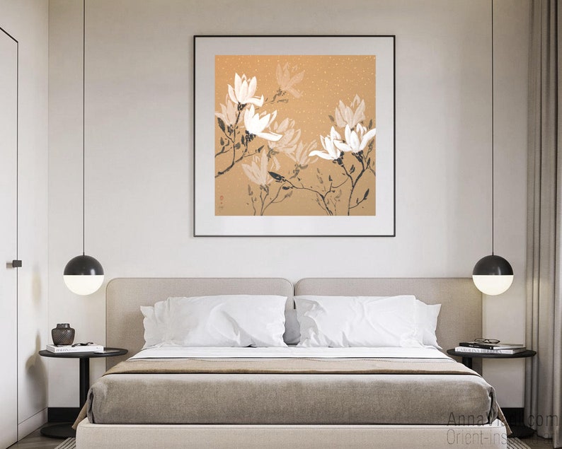 White Magnolia Flowers Original Sumi-e Painting On Rare Rice Paper With Golden Flakes image 7