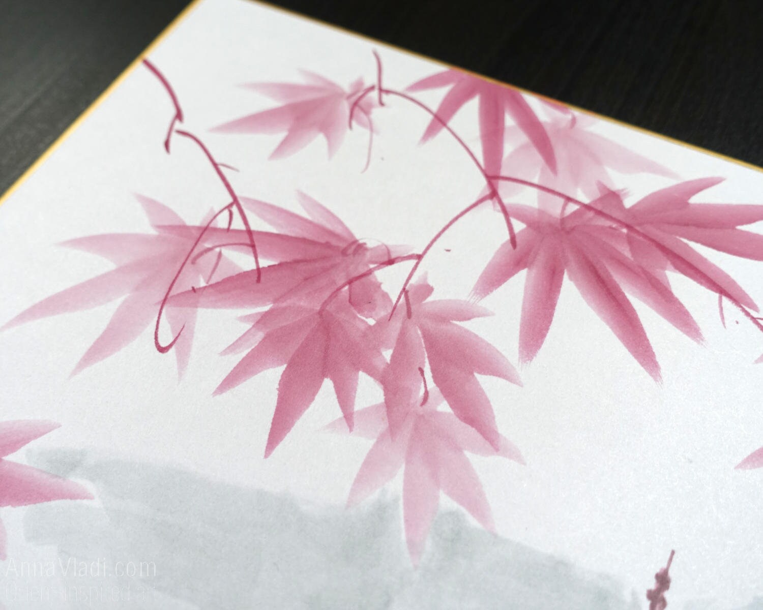 Maple Grove Temple — Sumi-e Original Painting on Japanese Shikishi