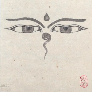 Occhi di Buddha — sumi-e originale dipinto a mano con inchiostro giapponese su carta di riso, pittura feng shui, arte Zen, poster yoga