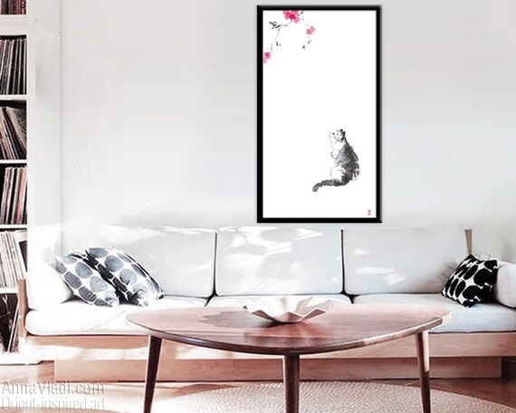 桜の下の猫 — 和紙に描いたオリジナル墨絵 - Etsy 日本