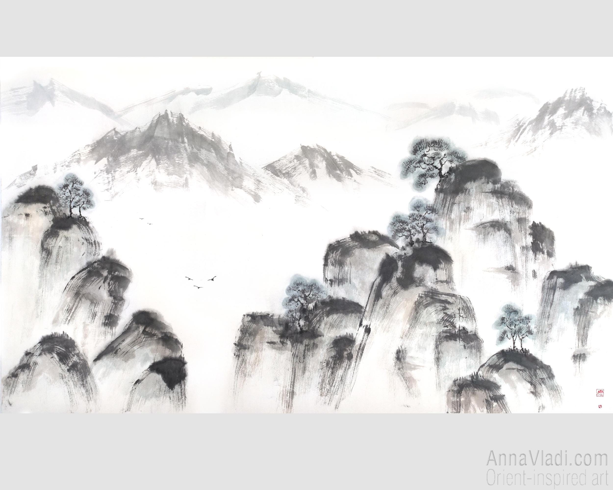 【原画】水墨画 松と山の景色 額縁付き 和風アート 一点物 水墨画 墨絵 肉筆 幸子作 山岳 山林 風景画 額縁 - メルカリ
