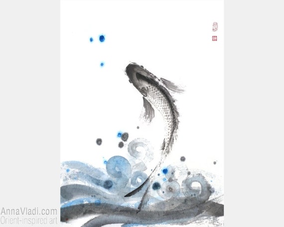 鯉が跳ね上がる - 日本の鯉の絵画、東洋の魚の墨絵アート - Etsy