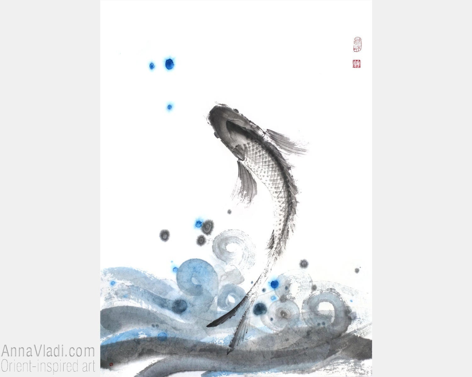 港の絵 魚の絵 日本画 『飛島にて』 墨絵 12サイズ 木製フレーム付き