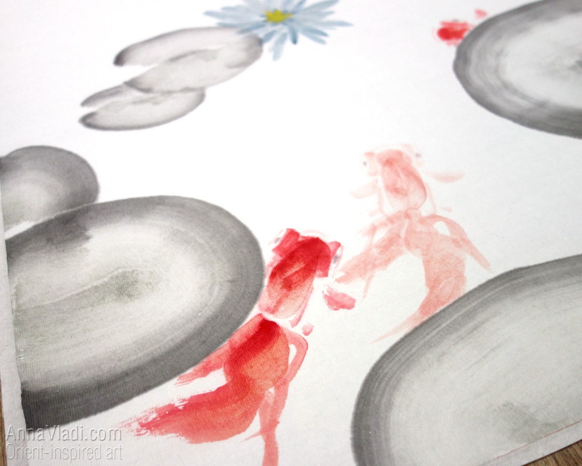 Goldfish and Water Lily Original Sumie Art in Natural Etsy