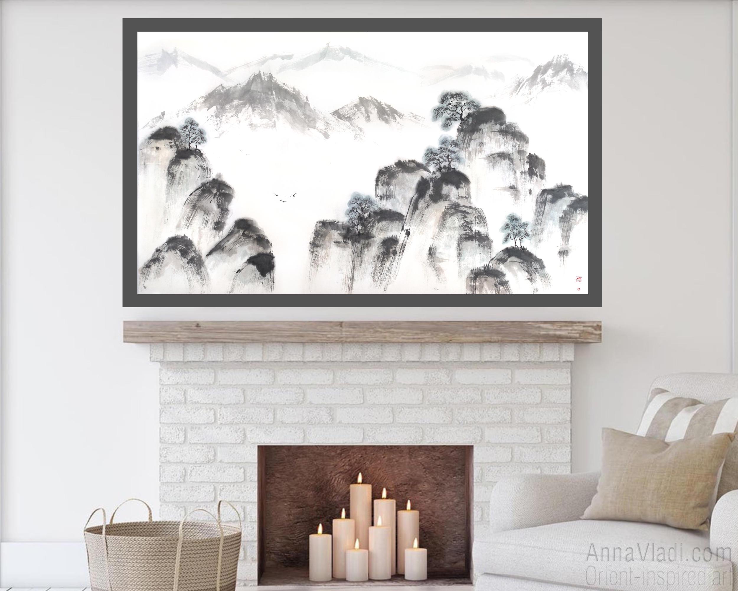 Sumi-e Mountain Landscape Painting: Japanese Zen Art on Rice Paper