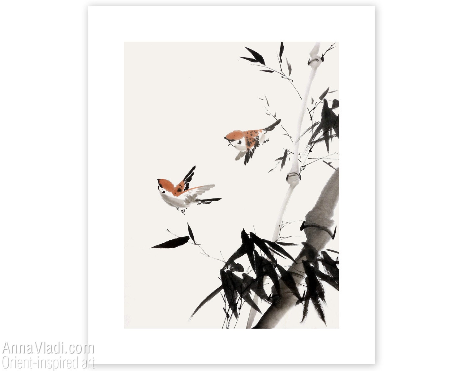 水墨画 鳥と竹 約100cm x 50cm