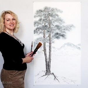 Paesaggio di pini — GRANDI dipinti sumi-e originali in inchiostro giapponese su carta di riso, arte zen orientale, colline e vista sul lago