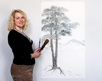 Paysage de pins — GRANDES peintures sumi-e originales à l'encre du Japon sur papier de riz, art zen oriental, vue sur les collines et le lac