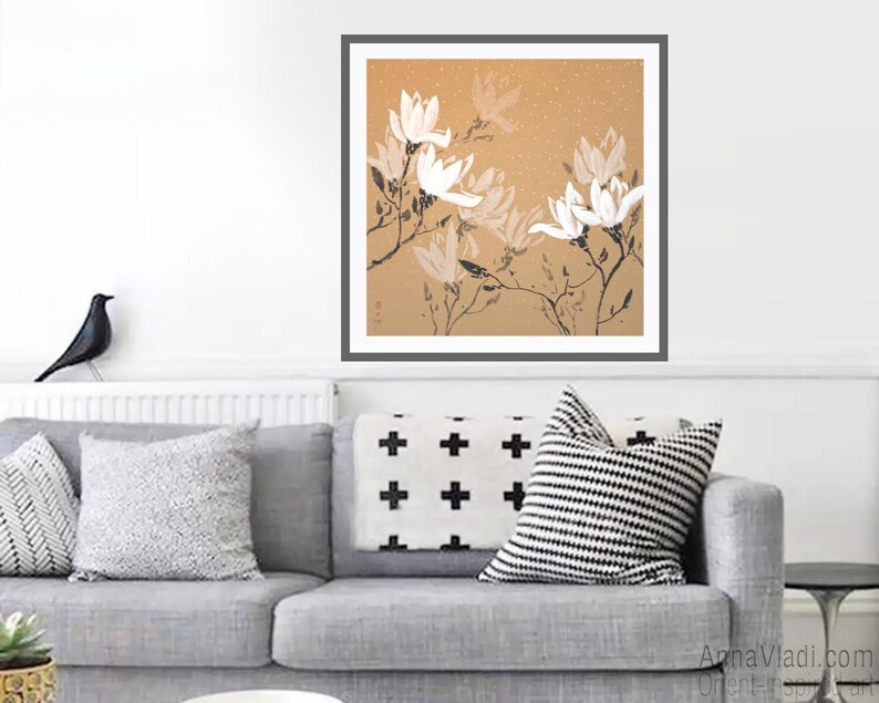 White Magnolia Flowers Original Sumi-e Painting On Rare Rice Paper With Golden Flakes image 1