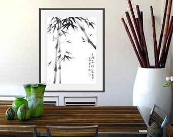 墨絵冬の竹画：和紙に描かれた俳句の書道アート - Etsy 日本