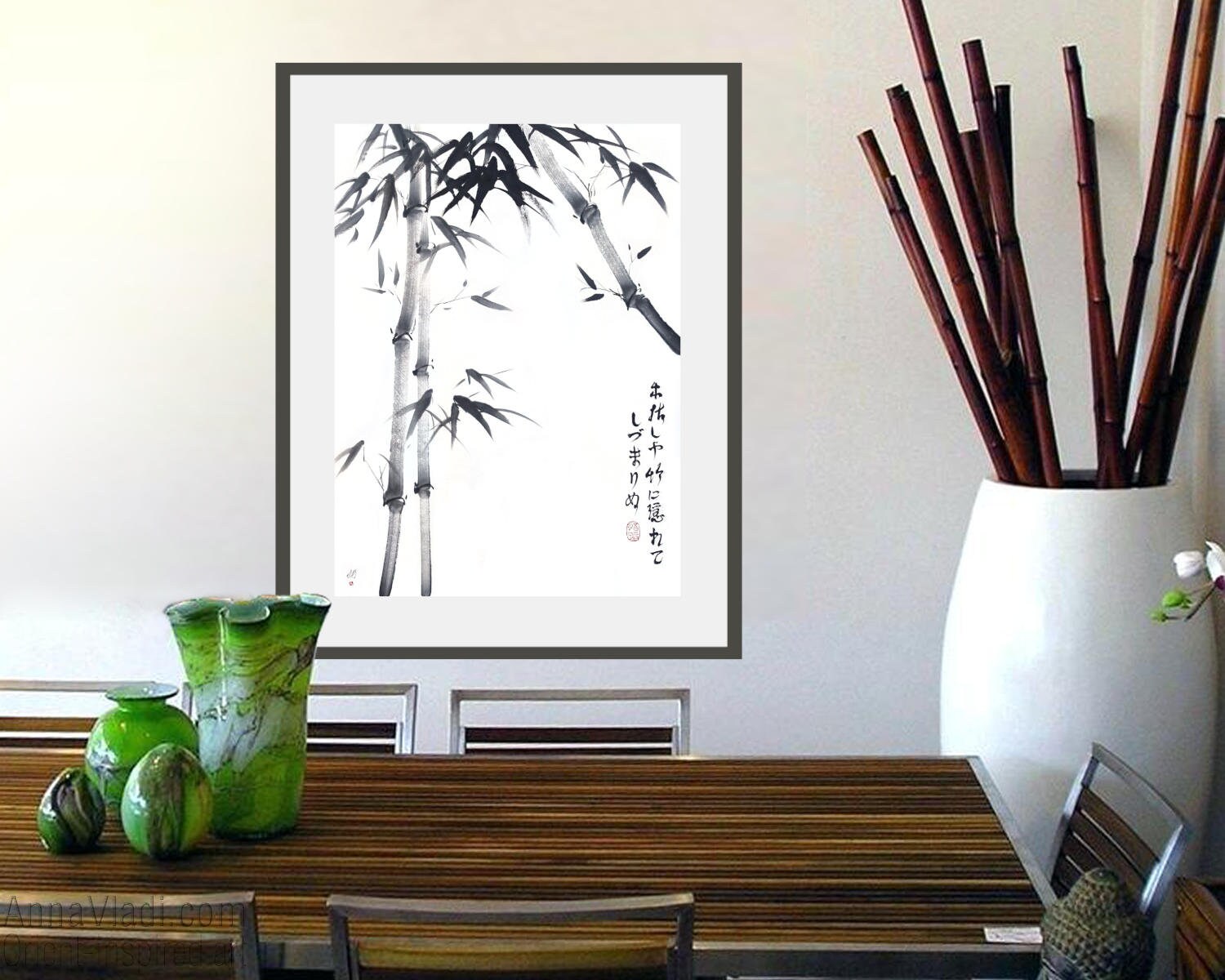 墨絵冬の竹画：和紙に描かれた俳句の書道アート - Etsy 日本