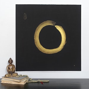 Enso Zen Circle in Gold ink on Black Rice Paper — original calligraphy, yoga meditation art, feng shui painting