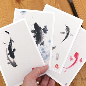 Postales de peces koi: juego de 4, impresas a partir de mis pinturas sumi-e originales