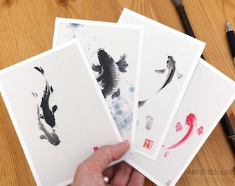 Koi Fish Postcards — Set of 4,  printed from my original sumi-e paintings