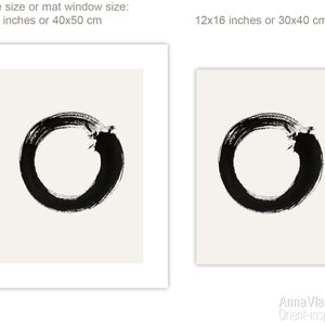 May include: A black and white ink painting of a circle, or enso, on a white background. The painting is available in two sizes: 16x20 inches or 12x16 inches.