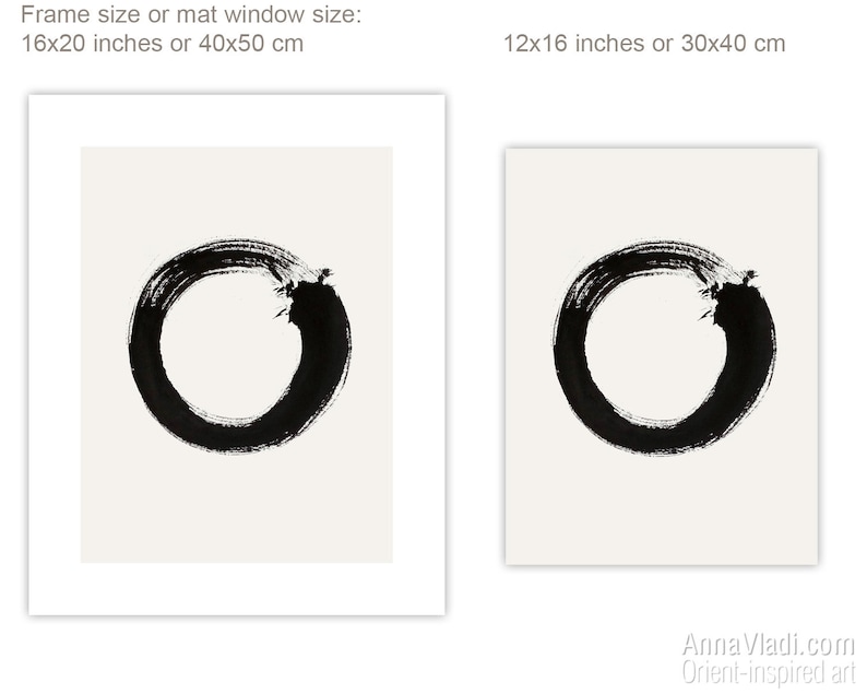 May include: A black and white ink painting of a circle, or enso, on a white background. The painting is available in two sizes: 16x20 inches or 12x16 inches.