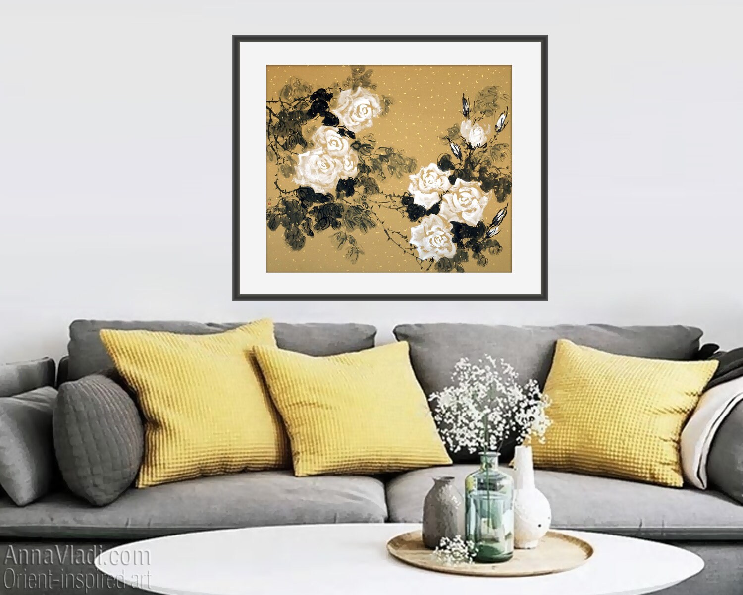 White Roses — Original Sumi-e Painting, Japanese Black Ink