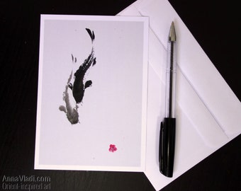 Koi jouant avec une fleur de Sakura — impression au format carte postale de ma peinture originale à l’encre japonaise sumi-e