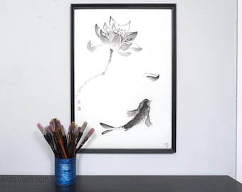 鯉の水彩画、禅の壁アート、湖畔の家の装飾。 - Etsy 日本