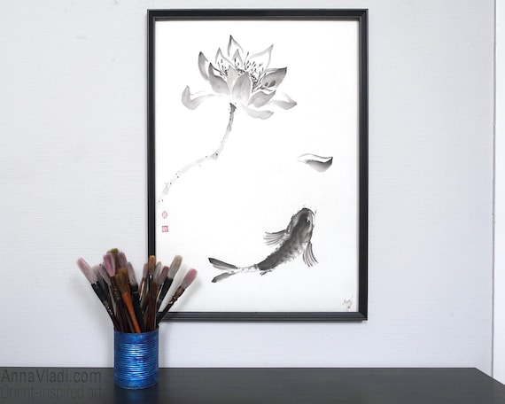 鯉と蓮の花の墨絵、日本の水墨画 - Etsy 日本