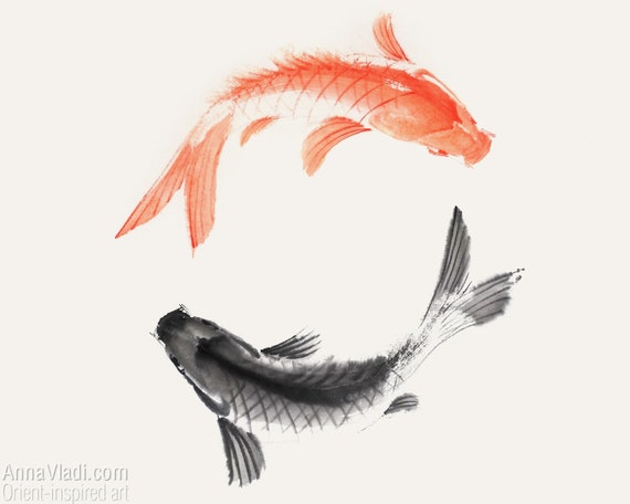 Two Koi Fish in Circle: Sumi-e Poster, Zodiac Pisces, Koi Fish