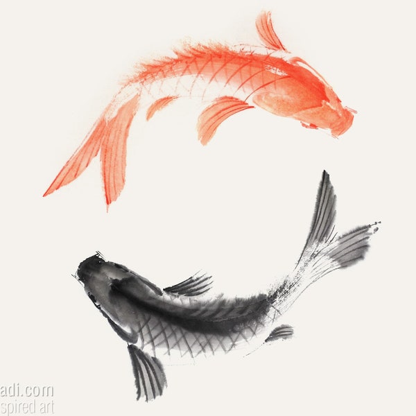 Two Koi Fish in Circle: sumi-e poster, zodiac pisces, koi fish print, asian art print, feng shui art, yin yang bedroom wall decor, Zen art