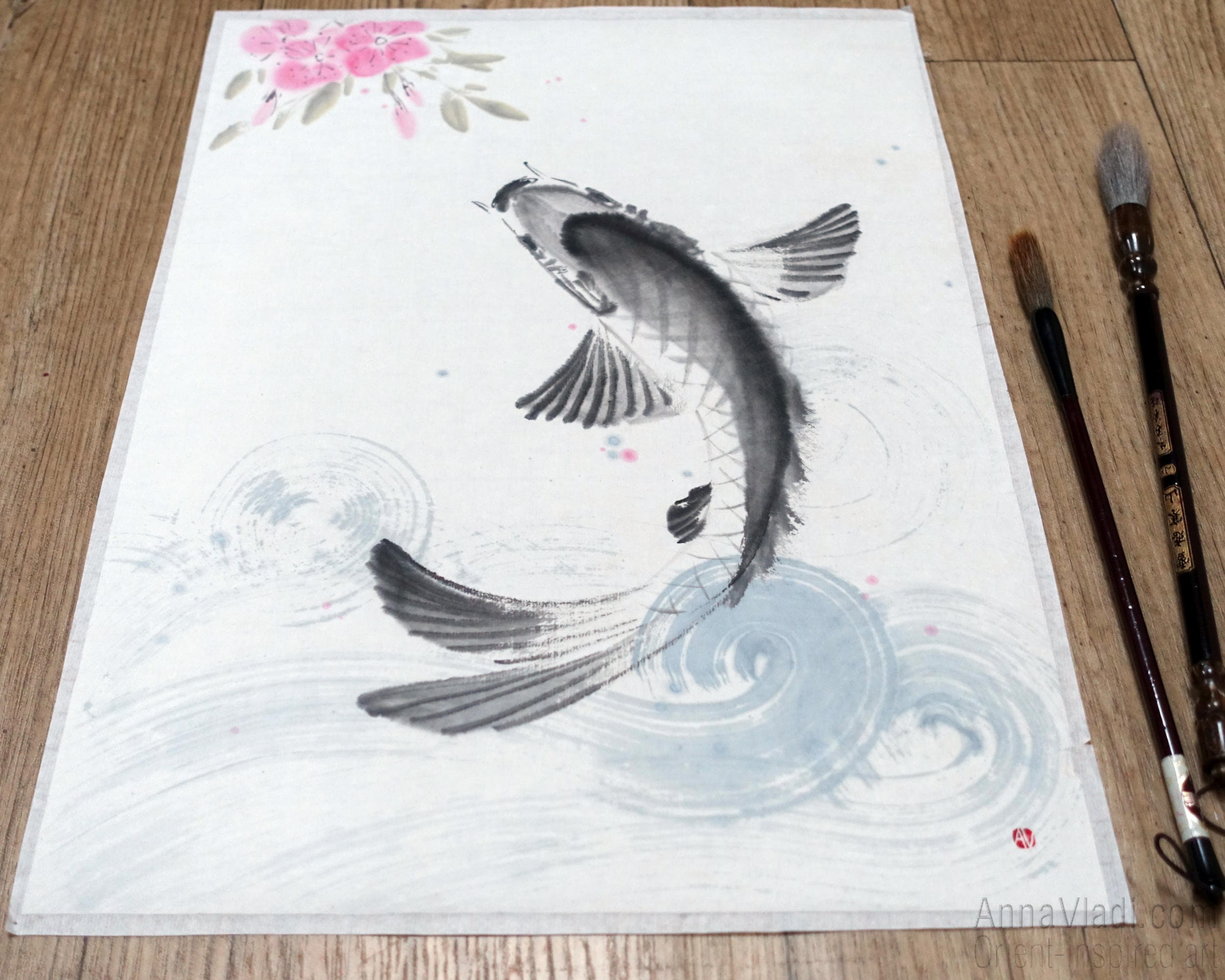 人気デザイナー 鯉と桜 和紙に中国の墨で描かれた鯉と桜のオリジナル墨絵 — 絵画