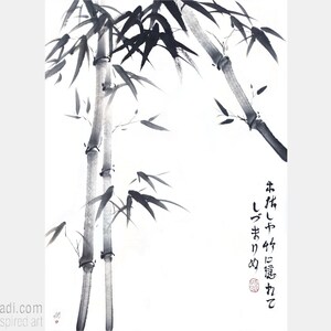 Winter Bambus — Original Sumi-e Malerei mit Basho Haiku Gedicht Kalligraphie in japanischer Tusche auf Reispapier