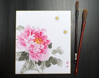 Red Peony Flower And Bees — Sumi-e Original Painting on Japanese Shikishi Board, not a print or a copy