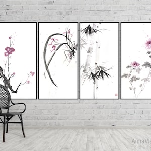 Die vier Edlen: Pflaume, wilde Orchidee, Bambus, Chrysantheme — vier originale Sumi-e Bilder, großes Wandbild, asiatisches Zen
