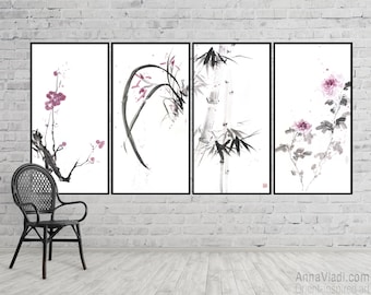 オリジナル墨絵、オリジナル水墨画、四君子の水墨画、原画、一点物絵画