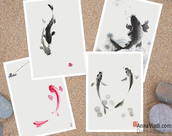 Koi Fish Postcards — Set of 4,  printed from my original sumi-e paintings