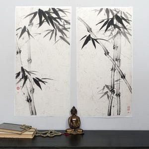Sumie Bamboo — set of 2 original sumi-e paintings in Japanese ink on raw rice paper, black and white Zenga minimalist painting, Zen art