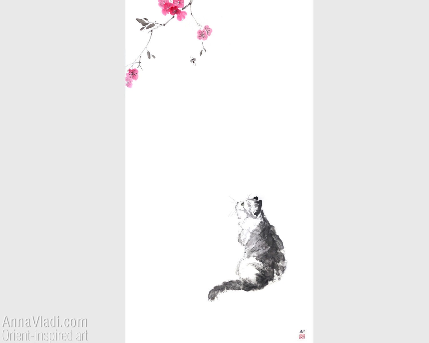 桜の下の猫 — 和紙に描いたオリジナル墨絵 - Etsy 日本