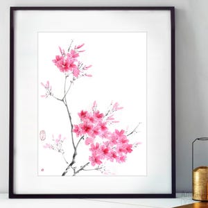 Sakura Blumen — Kirschblüten — originales Sumi-e auf Reispapier in japanischer Aquarellmalerei, dekoratives Wanddekor