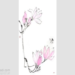 Pink Magnolia and Butterfly — original sumi-e painting in ink and mineral colors on Japanese rice paper, Oriental art