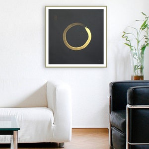 Golden Enso Zen Circle on Black Rice Paper — original calligraphy, Zen yoga meditation art, feng shui painting