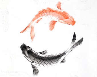 Koi Fish Sumi-e Painting: Zen Circle Art, Feng Shui Decor