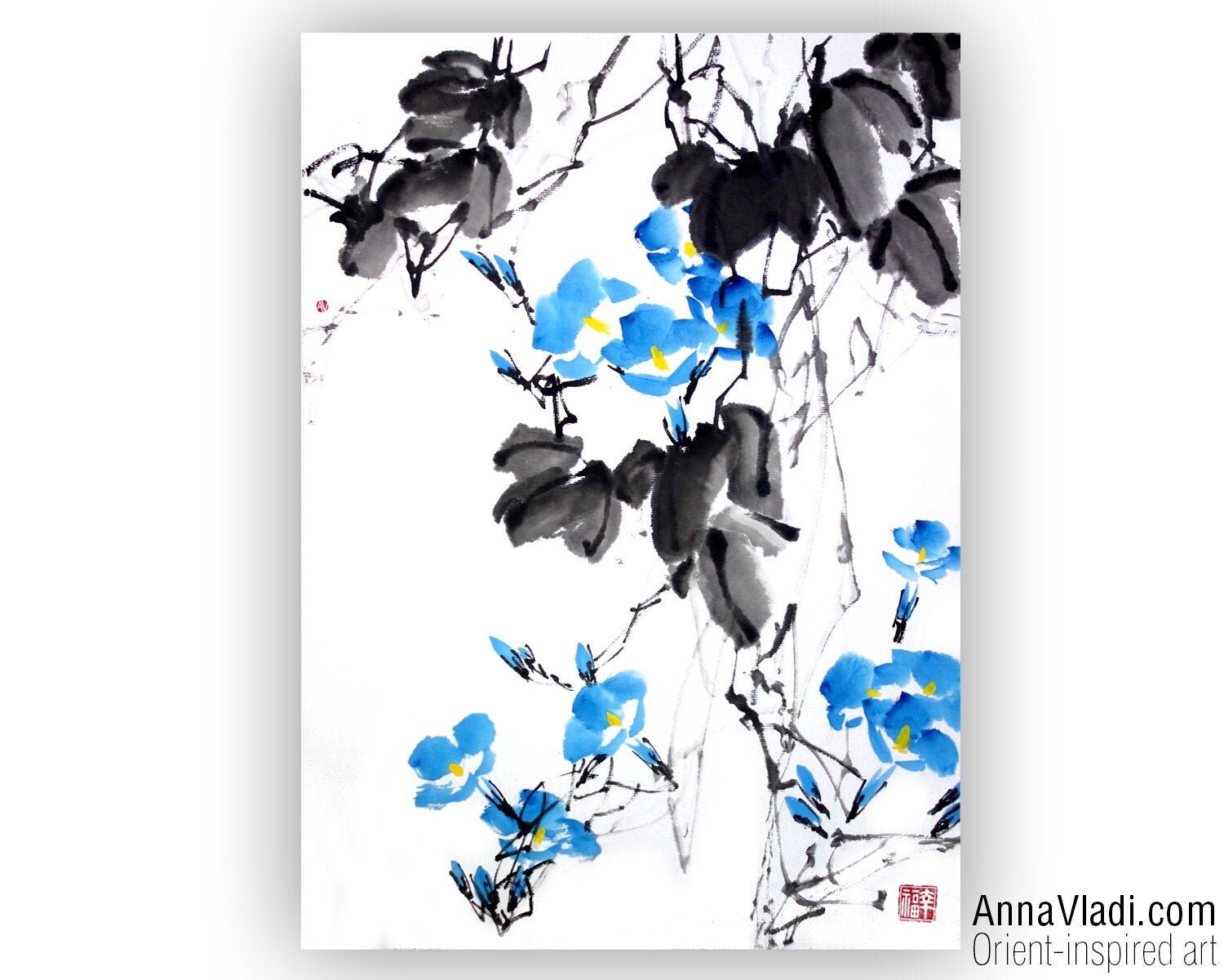 Blue Morning Glory Flowers Asagao Original Sumi E Ink Etsy