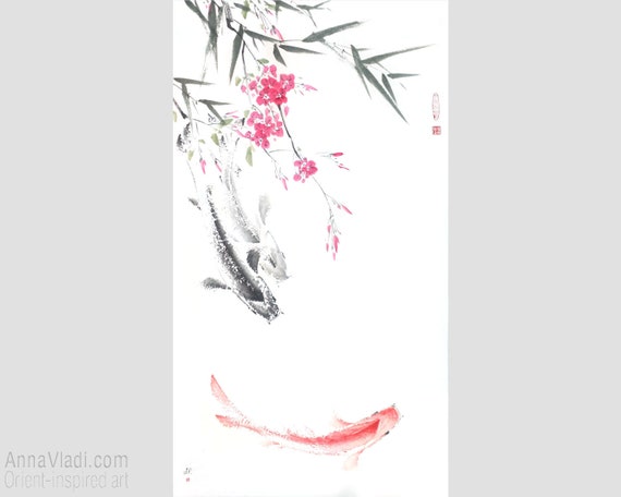 桜と竹の鯉：オリジナルの墨絵風水アート、和紙に描いた日本の