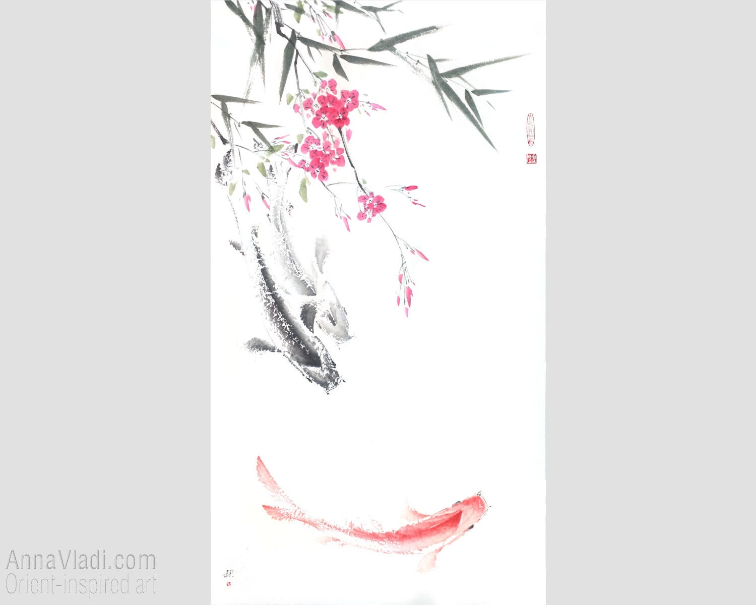桜と竹の鯉：オリジナルの墨絵風水アート、和紙に描いた日本の