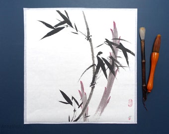 墨絵竹画：オリジナルの日本の墨による禅アート（16x16インチ） - Etsy