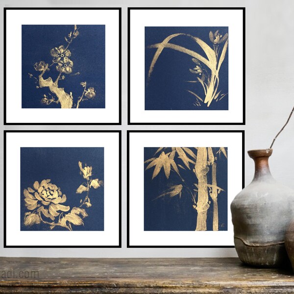 De vier edele planten – pruim, wilde orchidee, bamboe, chrysant – set van 4 originele sumi-e-schilderijen in gouden inkt op zwart rijstpapier