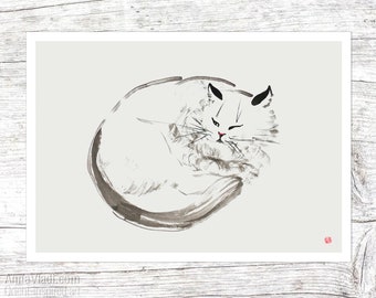 Japanese Cat — postcard-sized print of my original sumi-e artwork